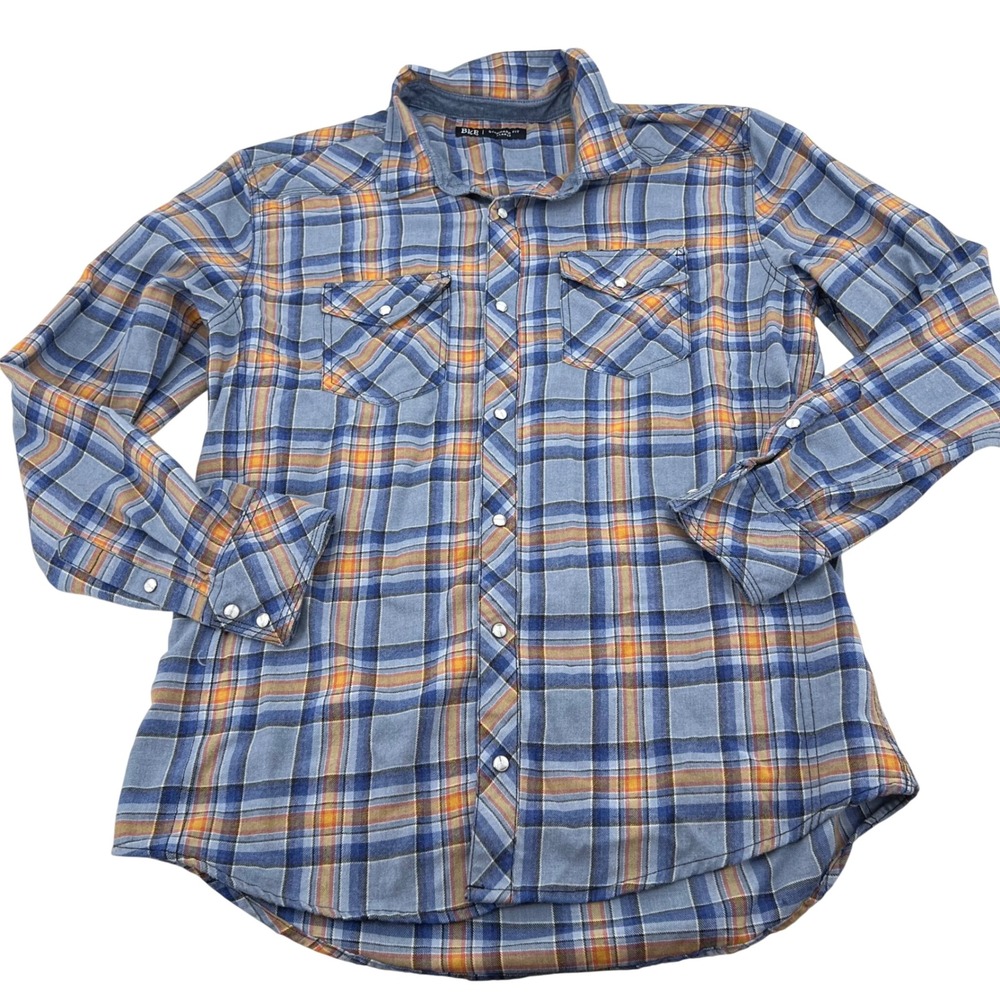 BKE Mens XL Blue Orange Plaid Western Pearl Snap Long Sleeve Shirt TS001937M‎